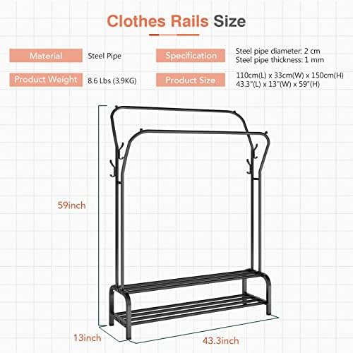 Kincomfo Metal Clothes Rail Double Pole Freestanding Garment Rack Hanger With 4 Side Hooks and 2-Tier Lower Storage Shelf