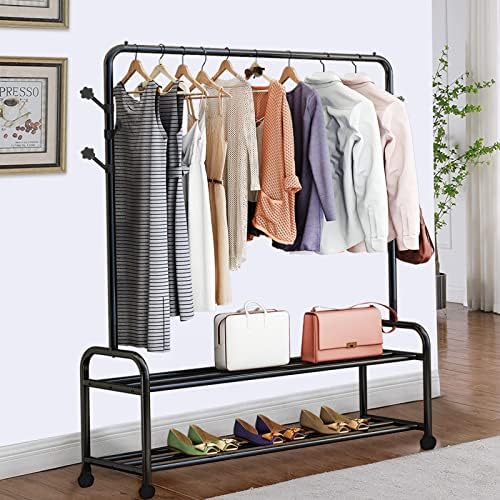 Kincomfo Double Pole Clothes Rail Black Metal Freestanding Garment Rack Hanger With 6 Side Hooks