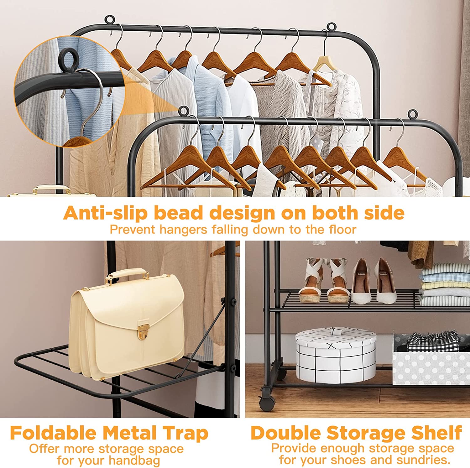 Kincomfo Heavy Duty Clothes Rail Metal Double Pole Coat Rack with Wheel and Fordable Tray Double-Tier Storage Shelf Rack